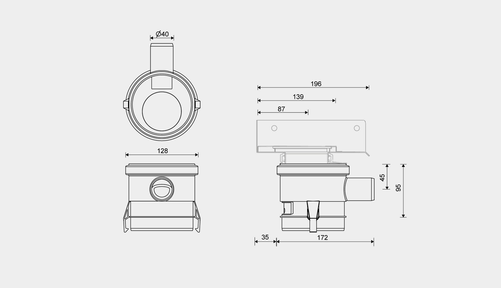 Förhöjningsstycke Hörnavlopp, H 95 mm Ø40 mm sida